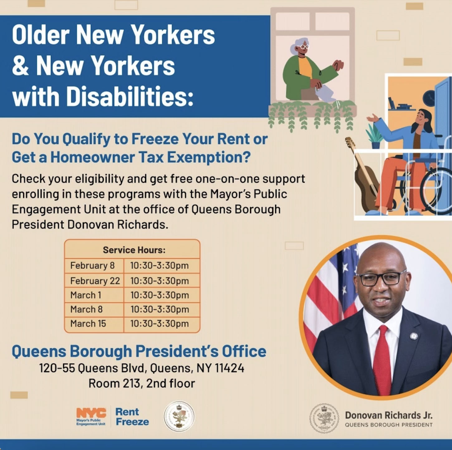 Graphic promoting PEU's office hours at Queens Borough President Donovan Richard's office: 120-55 Queens Blvd, Queens, NY. Room 213, second floor. Upcoming service hours are March 8, & March 15, all from 10:30-3:30.