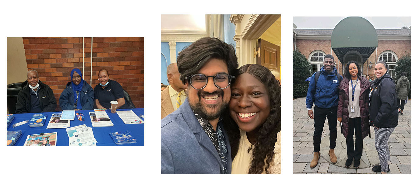 Three Specialists sitting at a table smiling at the camera. Two PEU Specialists smile while taking a selfie. Three PEU Specialists stand posing for a photo smiling while they side hug. 