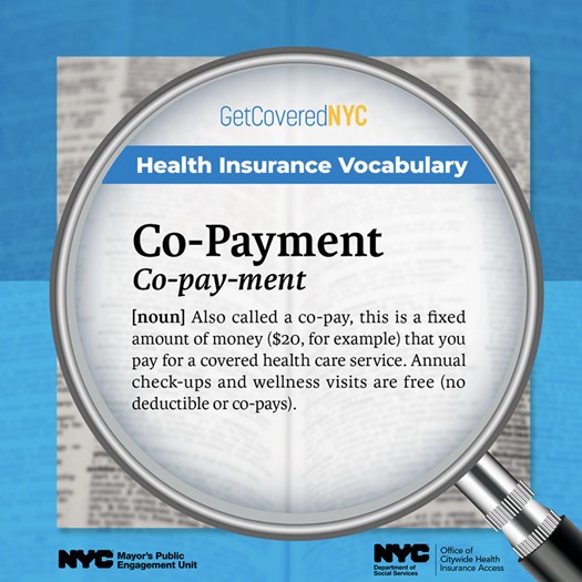 Health insurance vocabulary for Co-payment, this is a fixed amount of money that you pay for a covered heath care service.