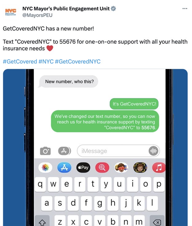 a screenshot of a text message, you can now reach us for health insurane support by texting coverednyc to 55676