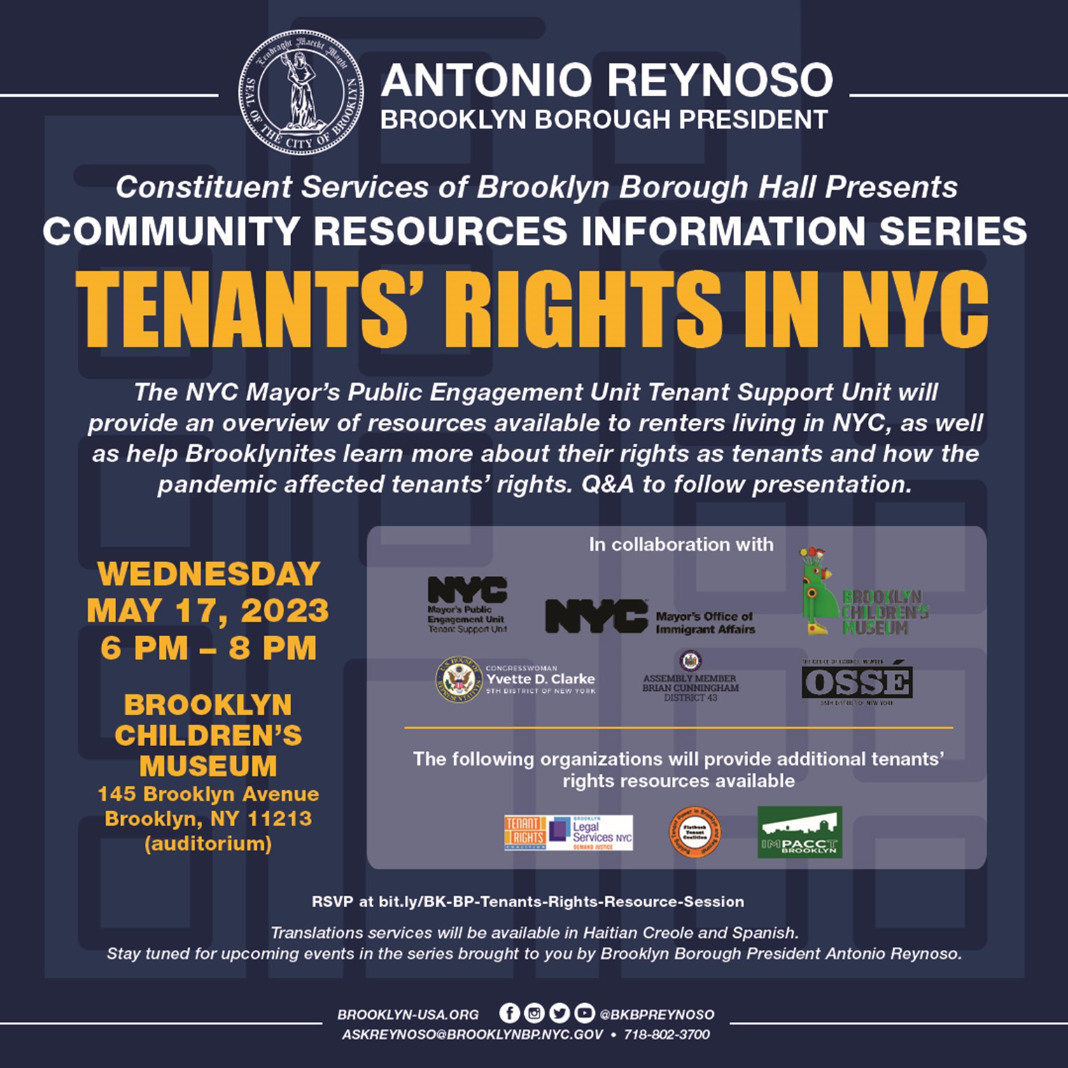 A poster with text said, Tenants' Rights In NYC, wednesday may 17, 2023 6pm - 8pm, at brooklyn children's museum