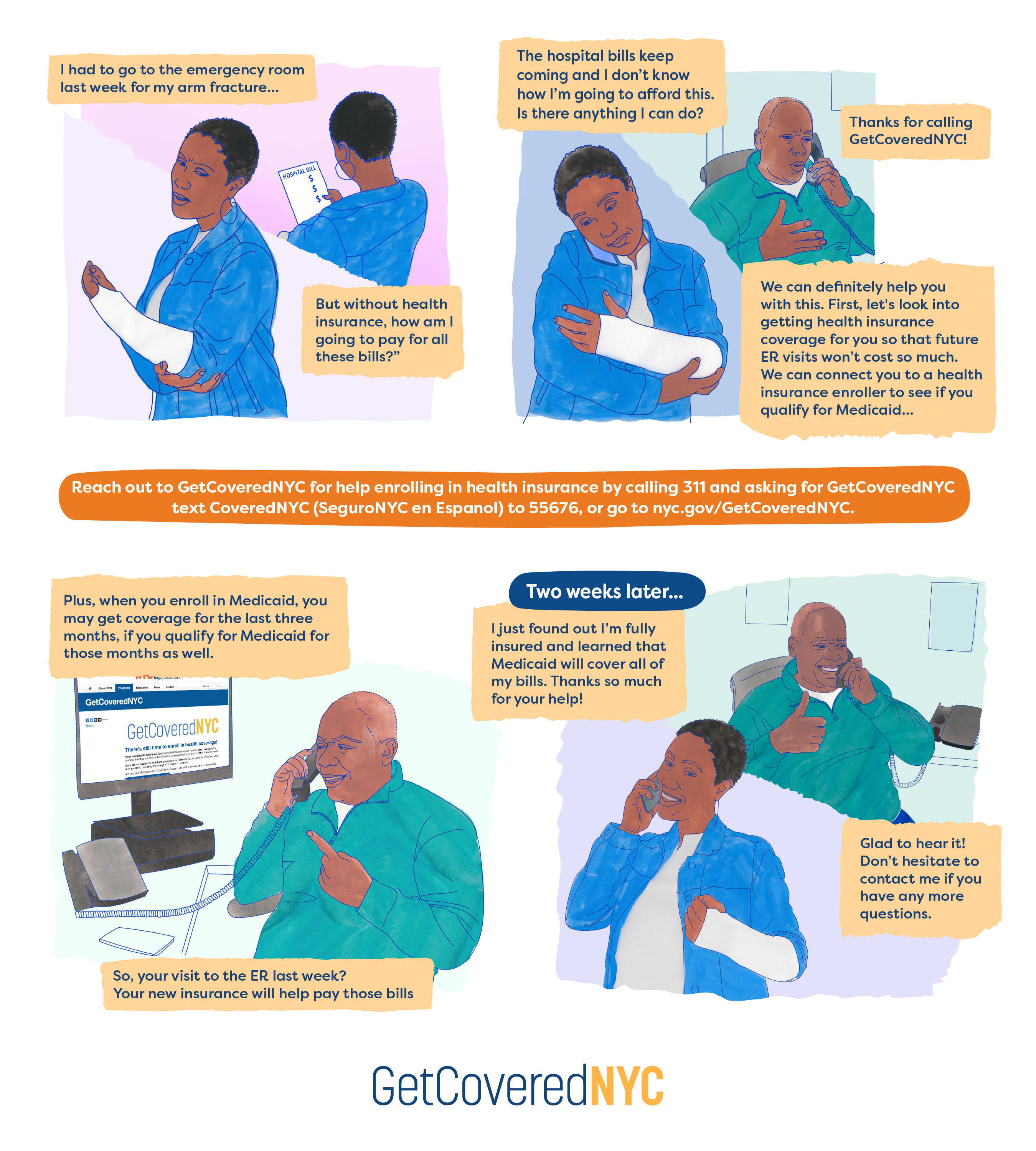 A comic strip detailing a story in which a GetCoveredNYC Specialist helped a New York City resident gain access to Medicaid and pay their recent past and future medical bills.