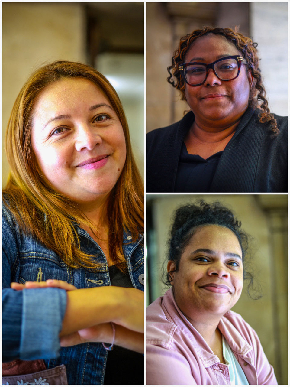 A collage showing individual portraits of three women