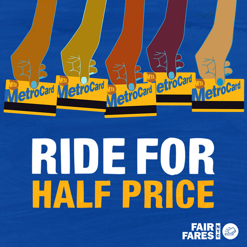 hands coming down from above, swiping MetroCards. Text reads: 'Ride for Half Price'