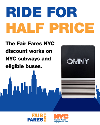 Various forms of transportation, trains, buses and ferry are featured in front of the NYC skyline against a blue background. The words 