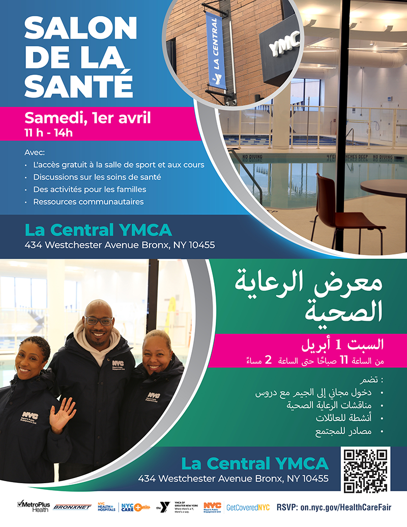 Flyer for health care fair with photos of event location (La Central YMCA) and GetCoveredNYC Specialists, along with logos from event partners: BronxNet, NYC Care, YMCA La Central, and GetCoveredNYC.