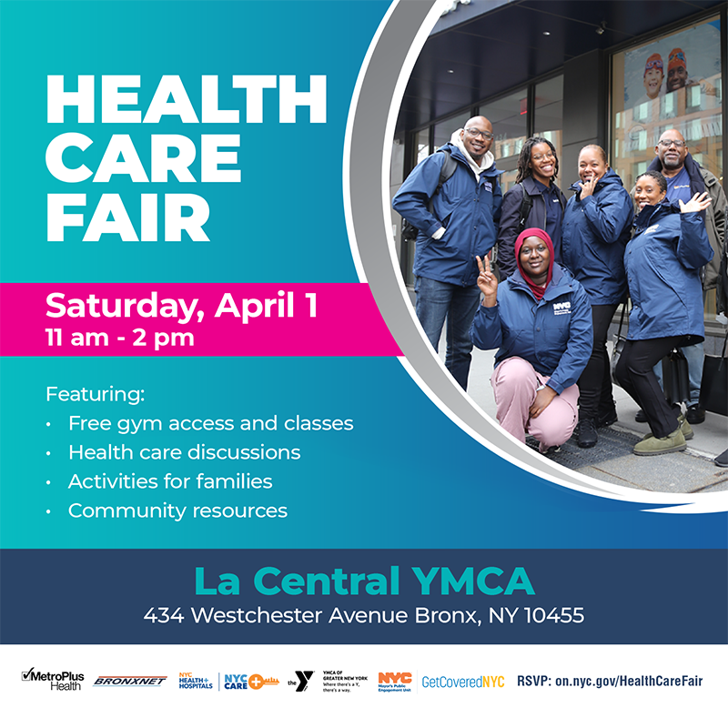 Flyer for health care fair with photos of event location (La Central YMCA) and GetCoveredNYC Specialists, along with logos from event partners: BronxNet, NYC Care, YMCA La Central, and GetCoveredNYC.