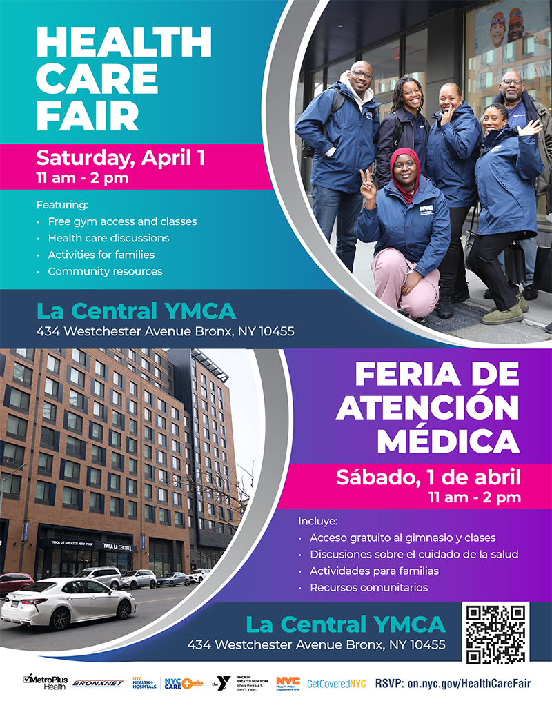 Flyer for health care fair with photos of event location (La Central YMCA) and GetCoveredNYC Specialists, along with logos from event partners: BronxNet, NYC Care, YMCA La Central, and GetCoveredNYC.