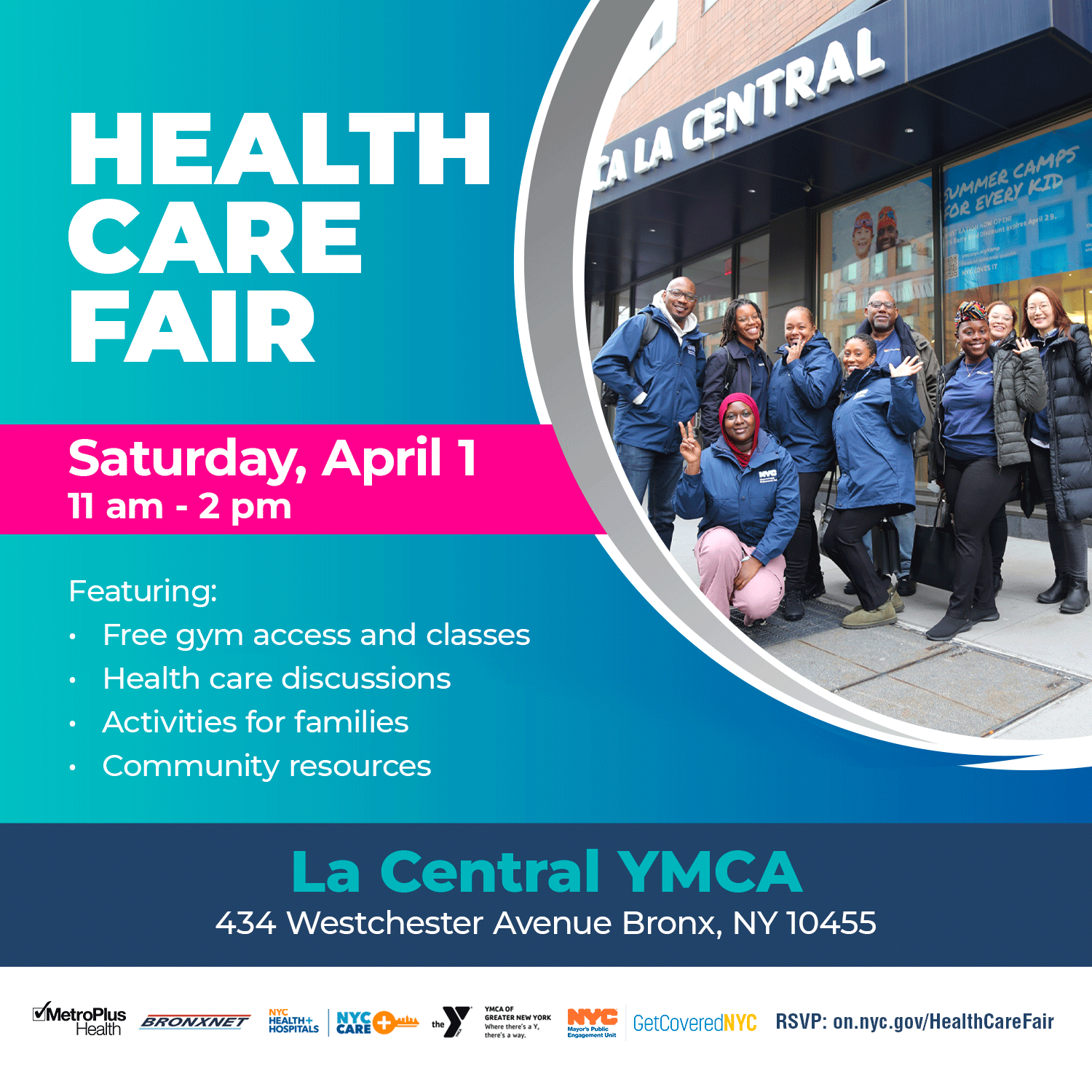 Flyer for health care fair with photos of event location (La Central YMCA) and GetCoveredNYC Specialists, along with logos from event partners: BronxNet, NYC Care, YMCA La Central, and GetCoveredNYC.