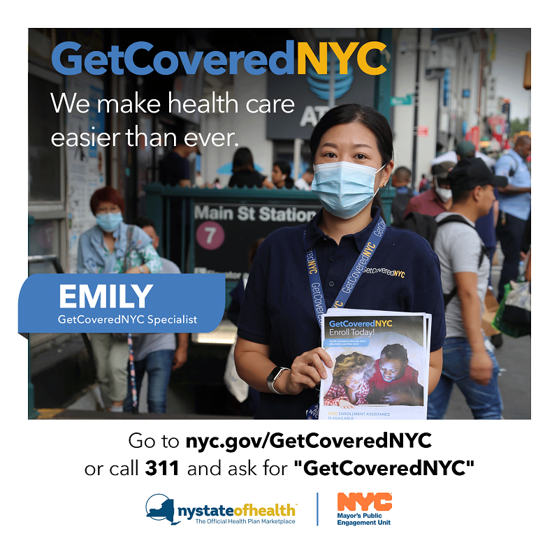 Image of a woman holding a GetCoveredNYC flyer in front of a subway stop