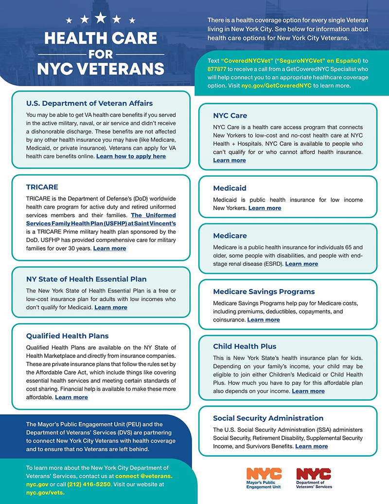 A flyer entitled "Health Care for NYC Veterans" with information about health care options for Veterans in NYC that reflect the information on this webpage.