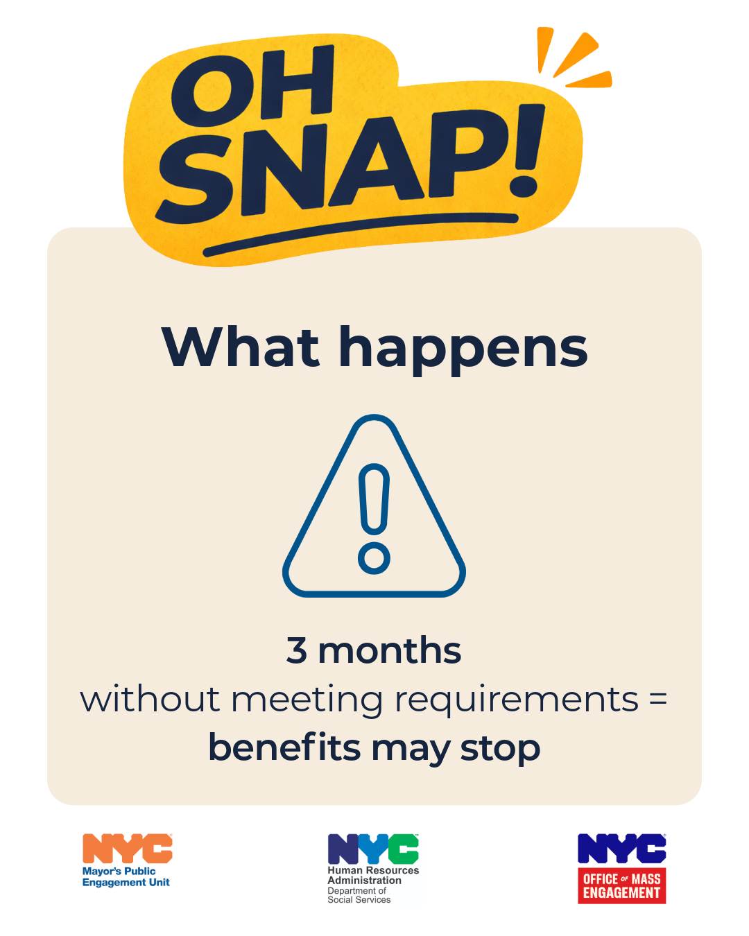 Graphic showing yellow 'oh snap!' text bubble and a warning icon informing that benefits may stop after 3 months without meeting requirements. Below are N Y C agency logos. 
