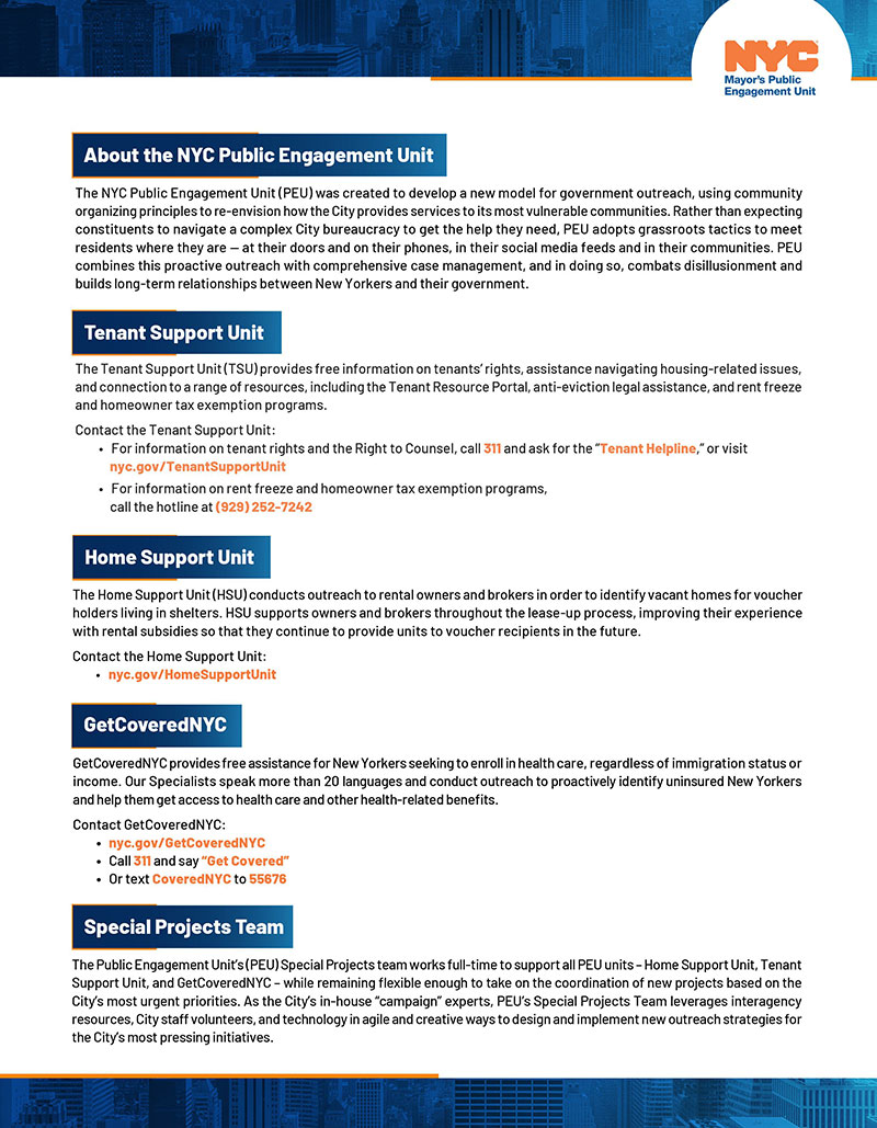 Image of a flyer about PEU and its main programs.