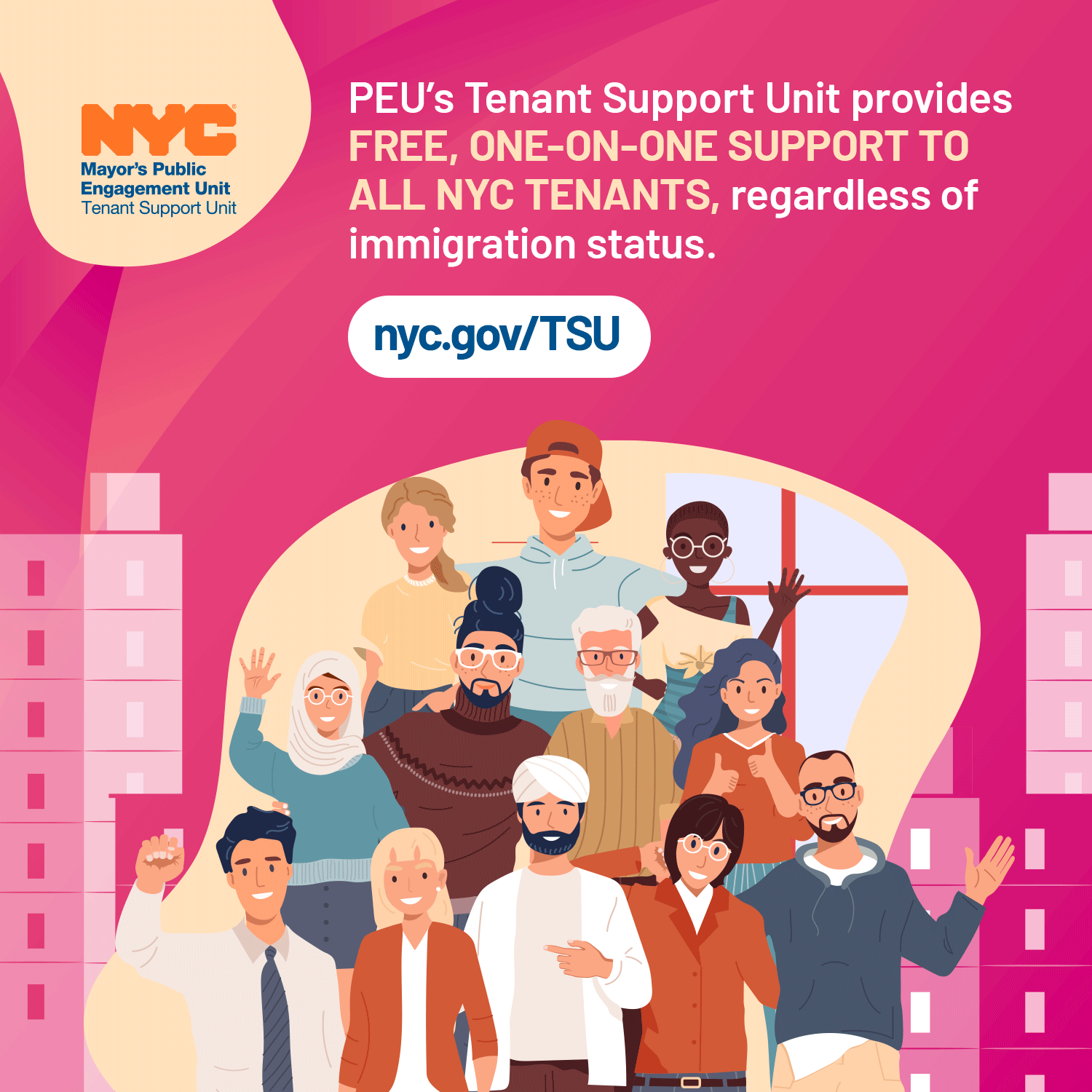 a NYC PEU logo and an illustration of a diverse group of people standing together.