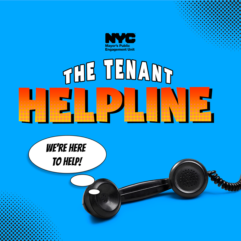 telephone off the hook with voice bubble reading "We're Here to Help!" Overhead text reads "The Tenant Helpline"