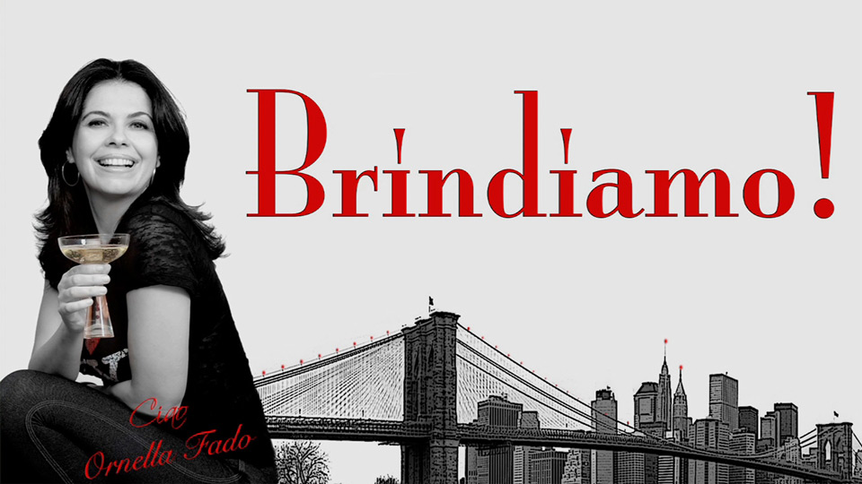 Image of Brindiamo logo with Ornella Fado holding a glass of wine