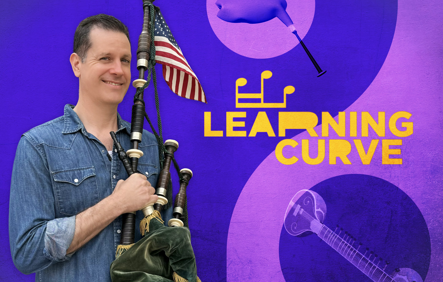 Photo of Charlie holding the bagpipes with Learning Curve logo image in the background.
                                           