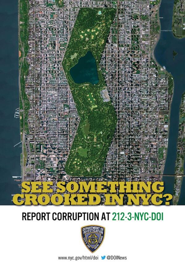 A map of the city with text that says See something crooked in NYC? Report Corruption at 212-3-NYC-DOI