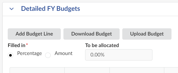 In the Detailed FY Budgets section, 3 buttons are visible near the top of the section, labeled 'Add Budget Line', 'Download Budget', and 'Upload Budget'.