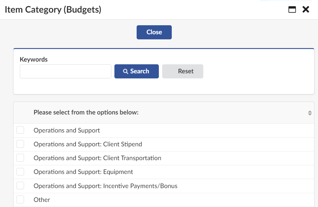 In the Item Category (Budgets) window, below a section to search for options using Keywords, a section with the label 'Please select from the options below' allows users to click a checkbox next to a result listed to select the result.