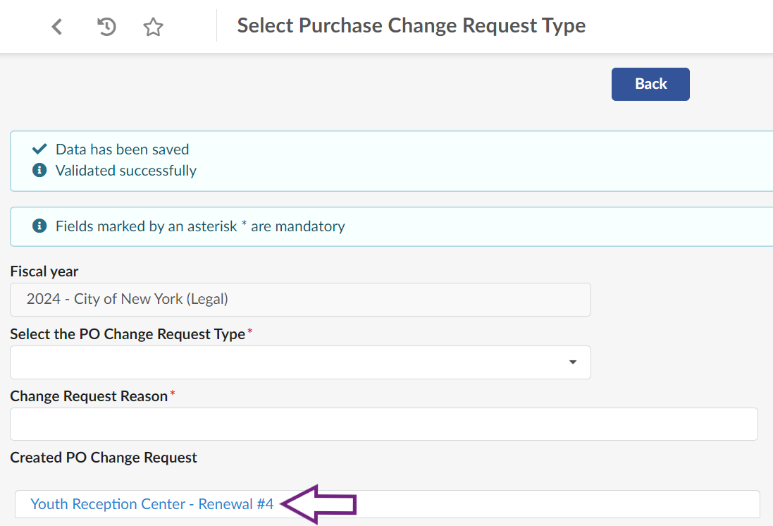 The Select Purchase Change Request Type page after a request has been submitted. A link to a request can be found in a form field under 'Created PO Change Request'.