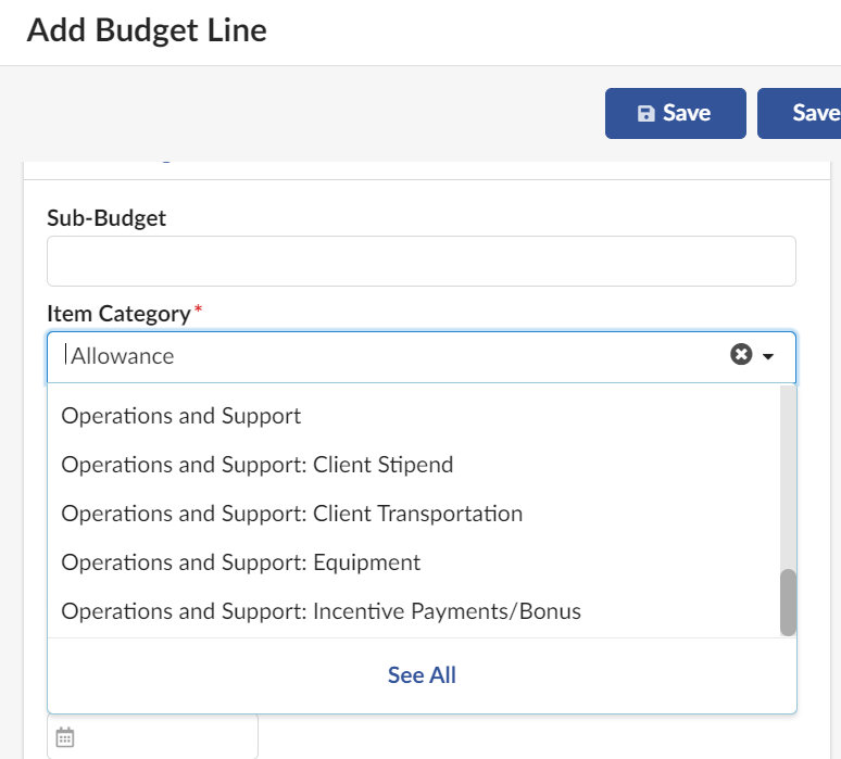 In the Add Budget Line window, the Item Category drop-down menu has a See All link at the bottom of the menu, which is clicked to open an Item Category (Budgets) window.