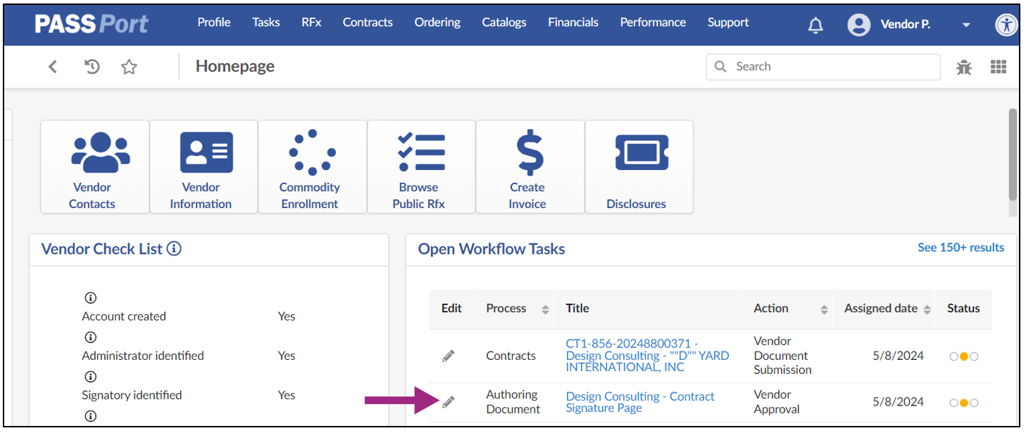 Screenshot of the Open Workflow Tasks section of the PASSPort Homepage.