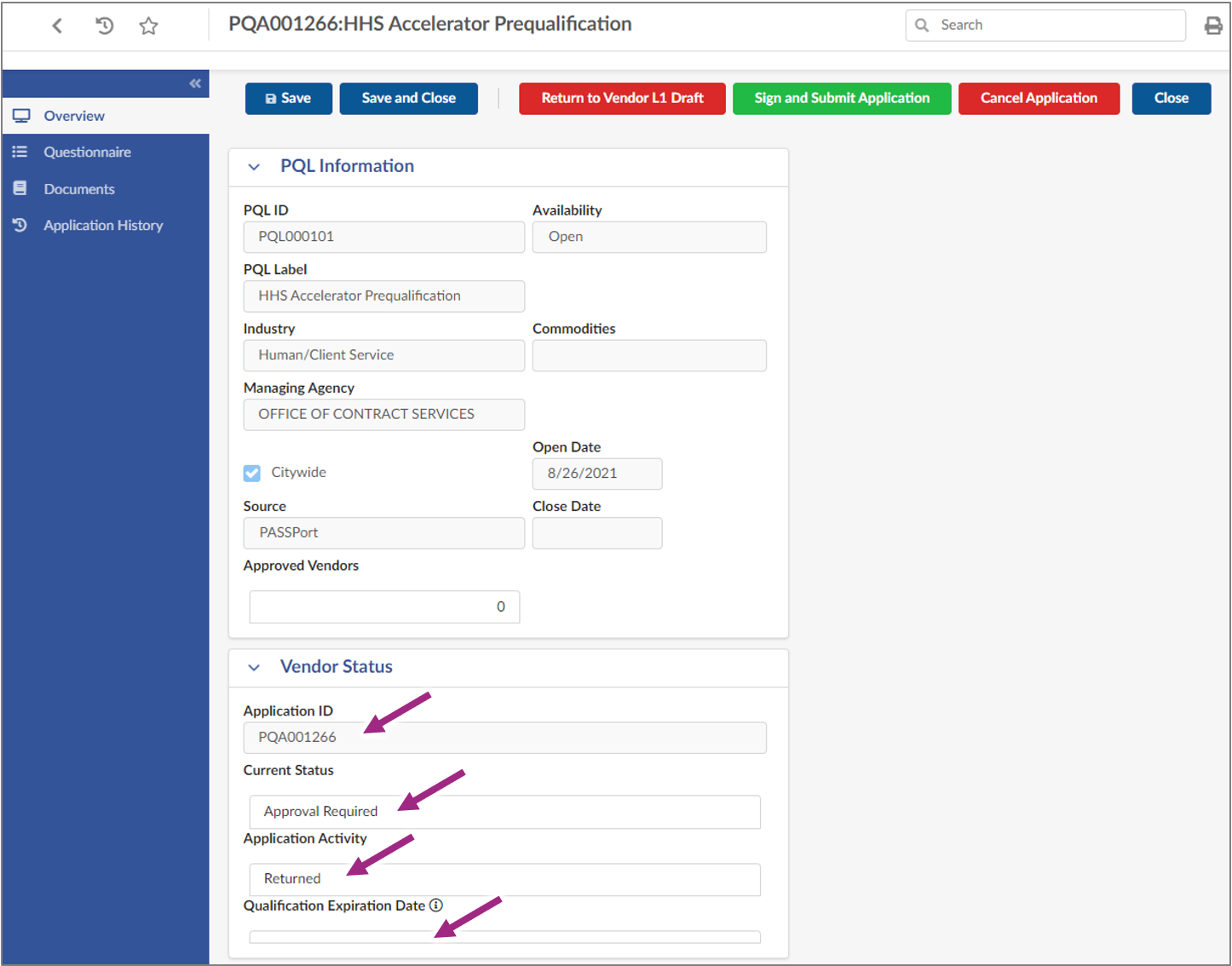 The Vendor Status section of the PQL Overview tab shows the application has been Returned.
