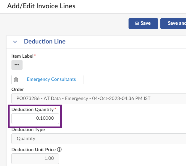 The Add/Edit Invoice Lines window with the Deduction Quantity field highlighted to show where it is among form fields.
