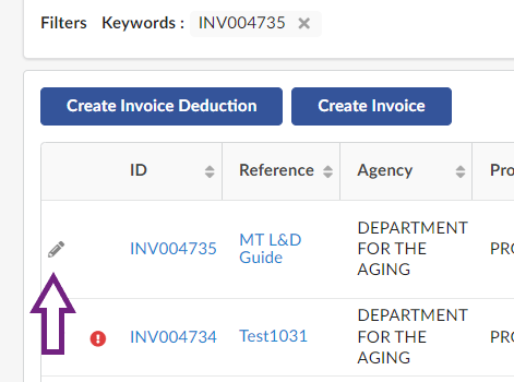 Search results showing invoices. Each invoice has a pencil icon on the left end of the listing to interact with.