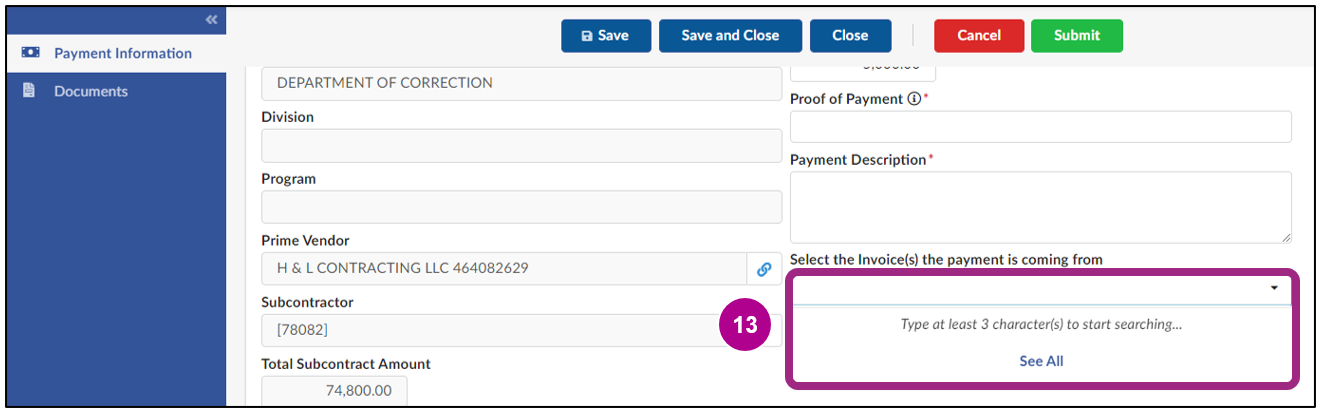 The 'Select the Invoice(s) the payment is coming from' field.