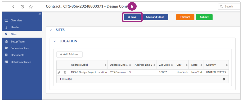 Screenshot of the Location section of the Sites tab. The previously entered location is now listed in this section. 
