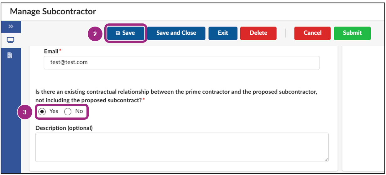 The Manage Subcontractor screen. Save and yes buttons are highlighted.