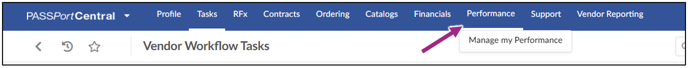 Arrow pointing to Performance tab in the top navigation menu with Manage my Performance from the drop-down menu