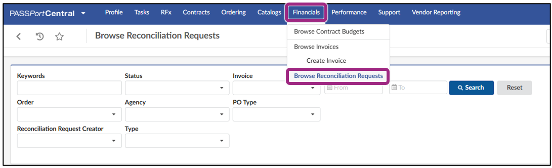 The Financials module in the PASSPort top navigation menu. Browse Reconciliation Requests appears as the last option in the Financials drop-down menu