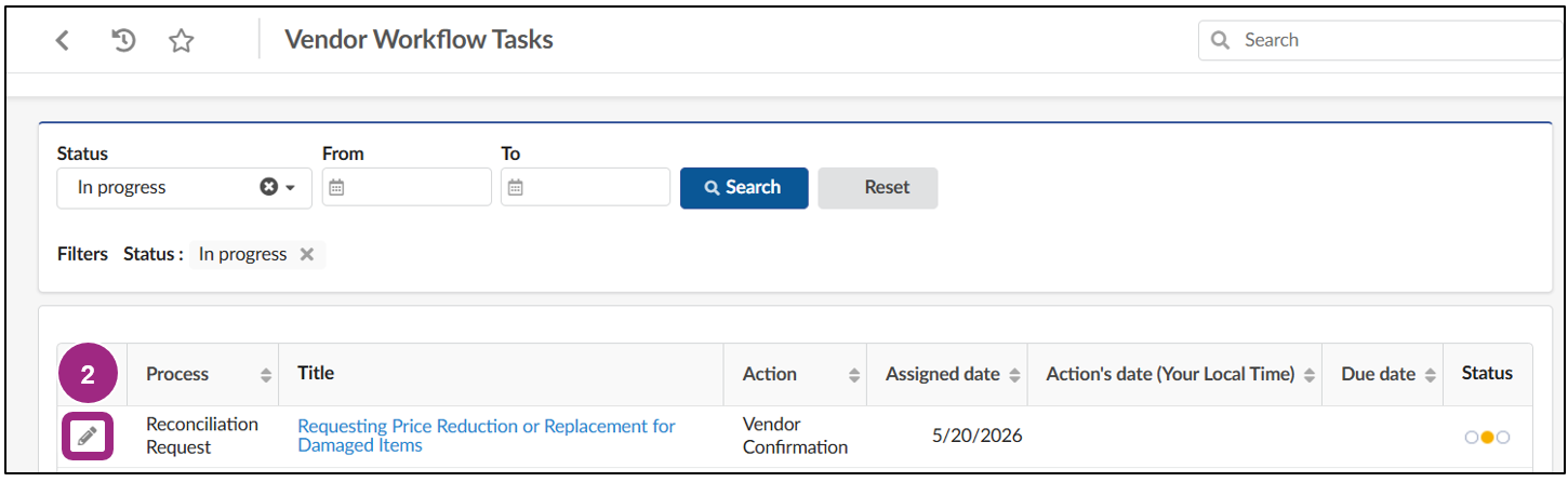 The Vendor Workflow Tasks page. One reconciliation request task is listed in the search results table