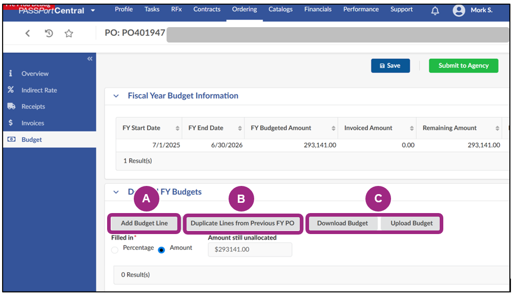 Four buttons are visible above the Detailed FY Budgets table