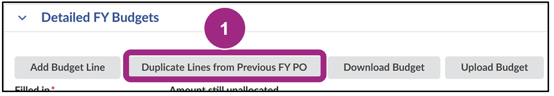 The Duplicate Lines from Previous FY (PO) button.