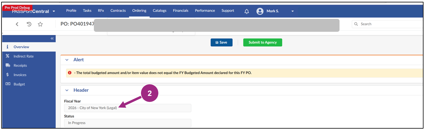 The words '2026 - City of New York Budget' are visible in the Fiscal Year field of the PO.