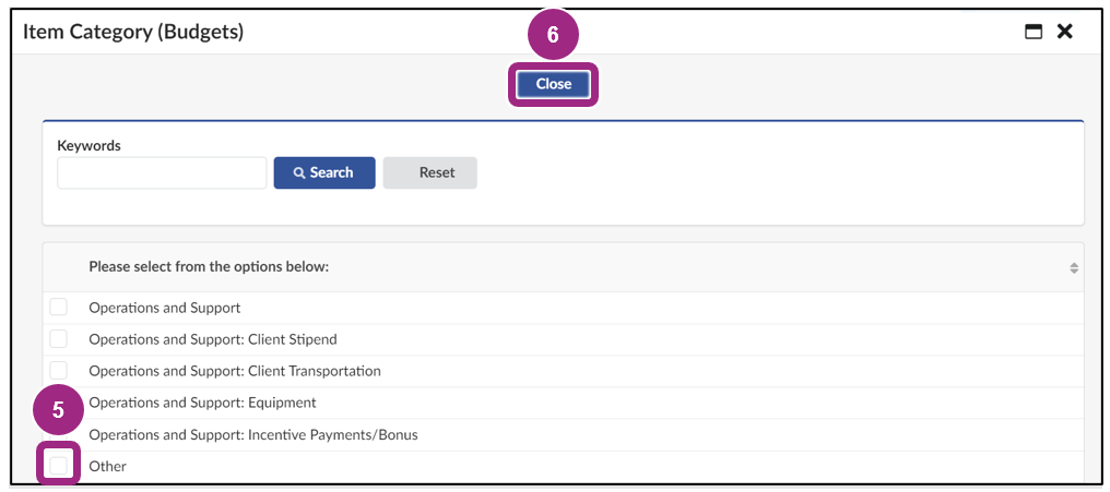 Six options are visible in the Item Category table.
