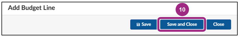 The Save and Close button at the top of the Add Budget Line window.
