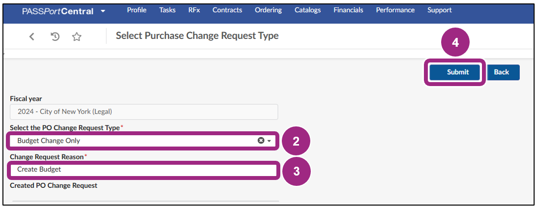 The Select Purchase Change Request Type window.