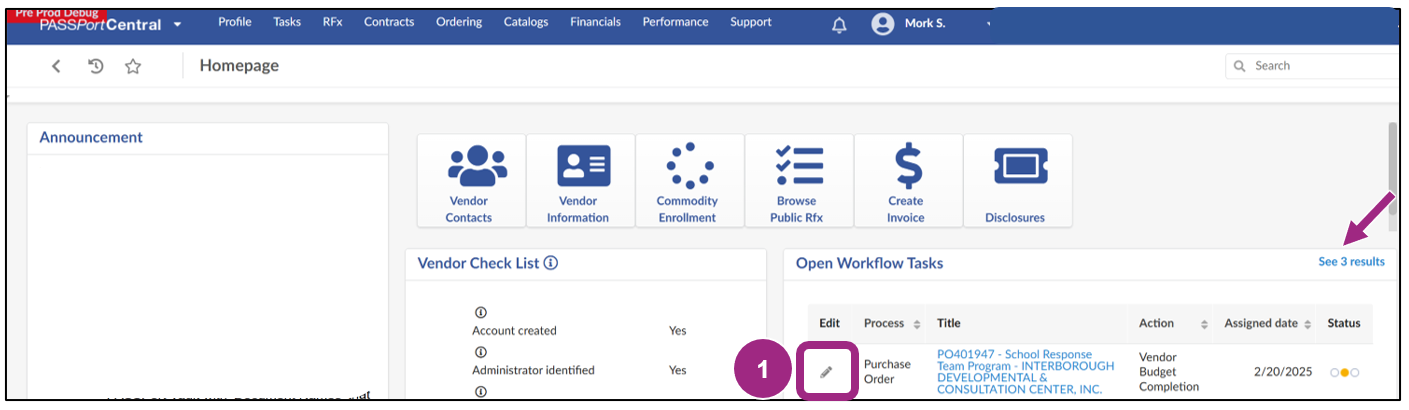 One task is listed in the Open Workflow Tasks table on the PASSPort homepage.