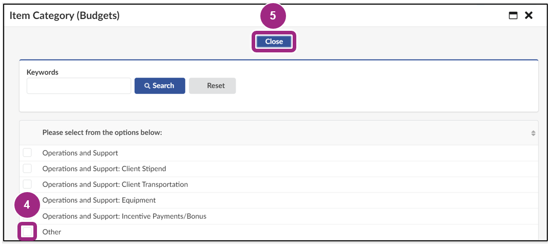 Six options are visible in the Item Category table.