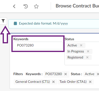 The Browse Contract Budgets page with the Keywords text field highlighted for how to enter the PO number for search. To the upper left, the funnel icon for more search options is pointed out.