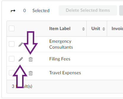 The invoice lines listed in a table. On the leftmost side of each line is a checkbox, then a pencil icon, then a trash can icon.