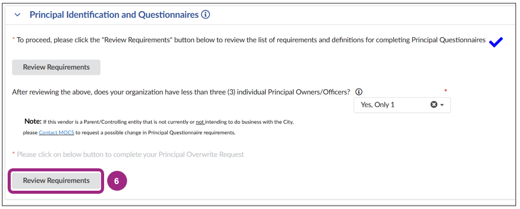 The Review Requirements button within the Principal Identification and Questionnaires section.