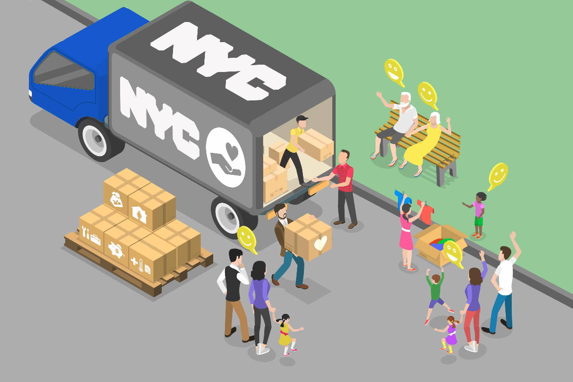 NYC donation truck with volunteers giving out boxes and clothes to families and seniors in the community.