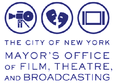 Historic logo of the City of New York Mayor's Office of Film, Theatre, and Broadcasting showing a picture of a movie camera, comedy and tragedy masks, and television. 