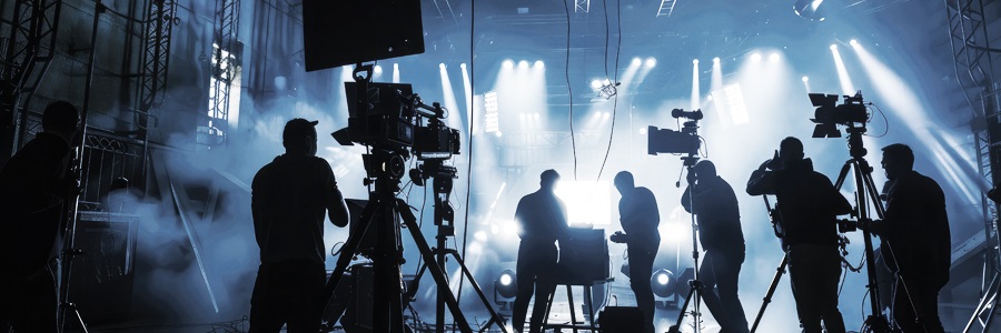 film crew on set with equipment